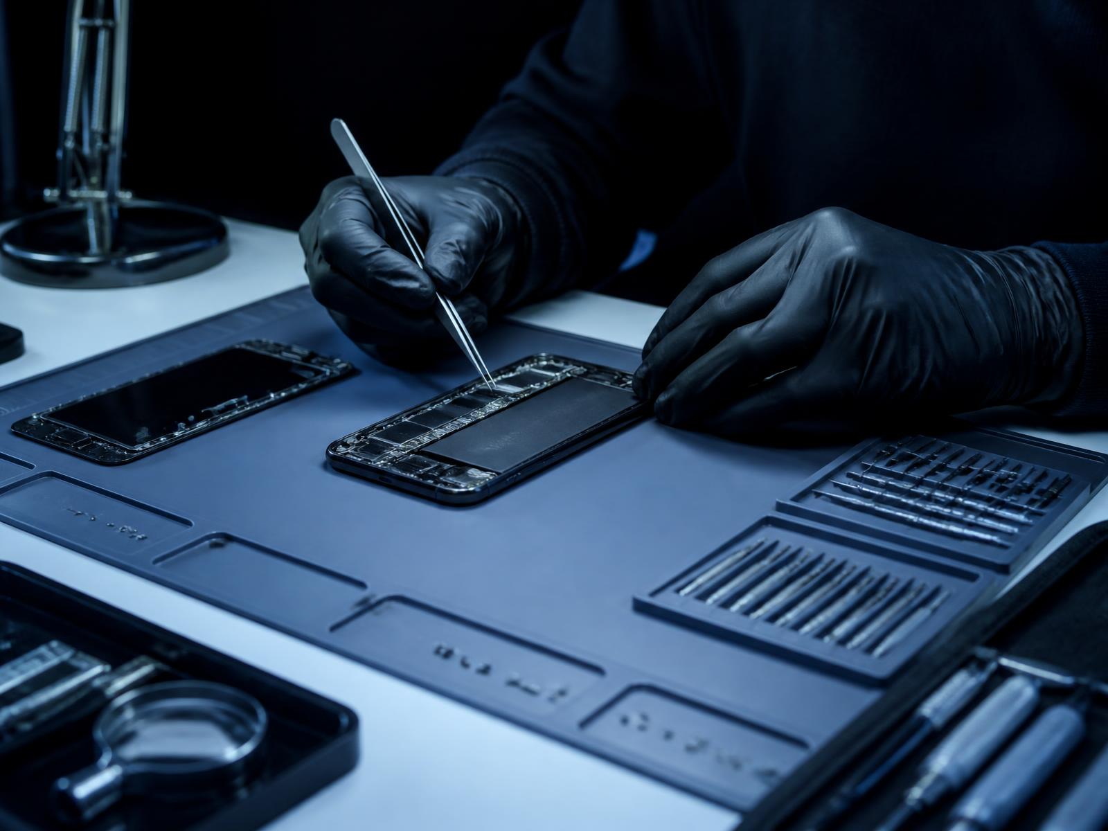 Technician inspecting a disassembled smartphone on a repair bench